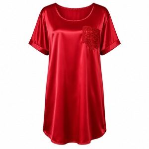 Vintage LA Intimates Red Satin Nightgown Short Sleeve Lace Heart Applique L USA